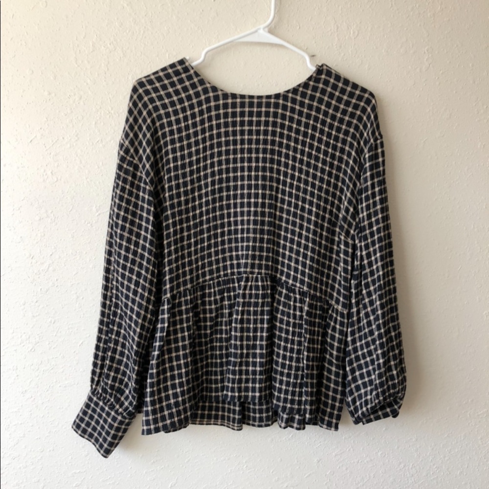 Button Back Peplum Top in mini Windowpane